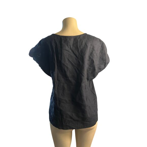 Women L Quince Black Short Sleeved Blouse Shirt Top 100% Linen Flax - Picture 4 of 7